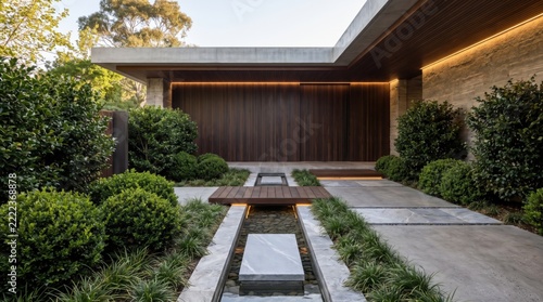 Contemporary landscaped entrance with a water rill