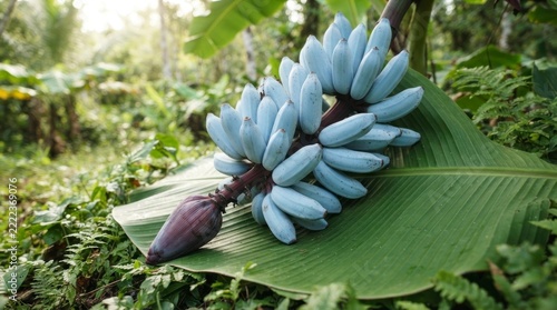 A bunch of rare blue java bananas resting on a green leaf in a tropical garden.