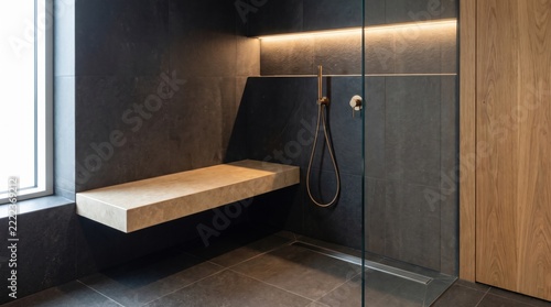 Modern shower with a monolithic stone bench