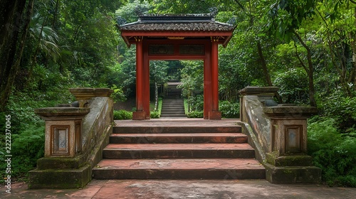 Traditional red wooden torii gate in a lush forest setting