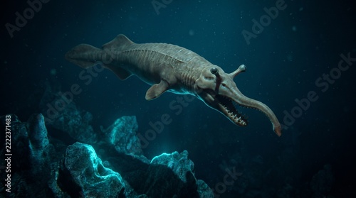 Prehistoric Tullimonstrum gregarium Tully monster swimming in deep ocean near rocks, Carboniferous 3D paleoart.