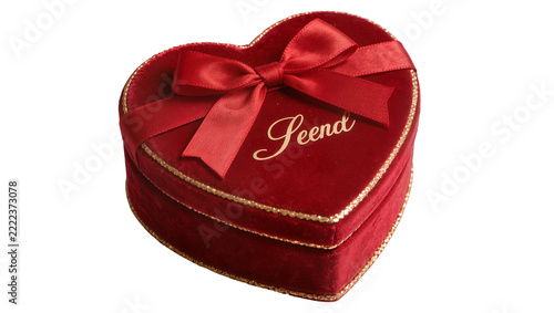 Fotografie Red velvet heart-shaped gift box with golden trim and ribbon personalized with n
