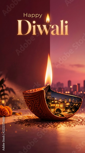 Happy diwali greeting card with glowing diya lamp and modern city