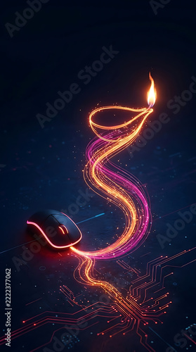 Diwali festival computer mouse with glowing diya light trail graphic
