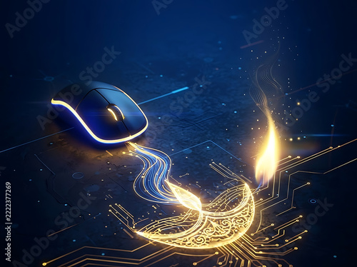 Computer mouse with glowing diwali diya lamp digital graphic element