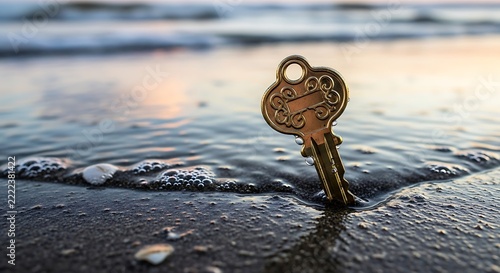 Golden Key Emerging from the Ocean Waves on a Sandy Beach