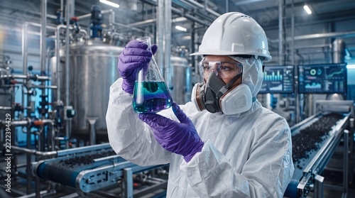 Industrial technician inspecting liquid sample in chemical processing plant