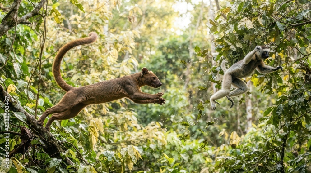 Naklejka premium A fossa and lemur leap between leafy branches across a sunlit tropical forest canopy