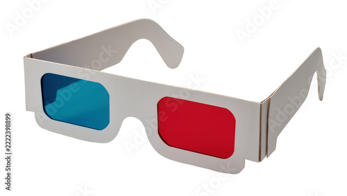 Cardboard anaglyph 3D glasses with red and blue lenses, isolated on transparent background