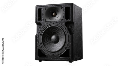Black textured professional audio speaker with woofer and tweeter, isolated on transparent background