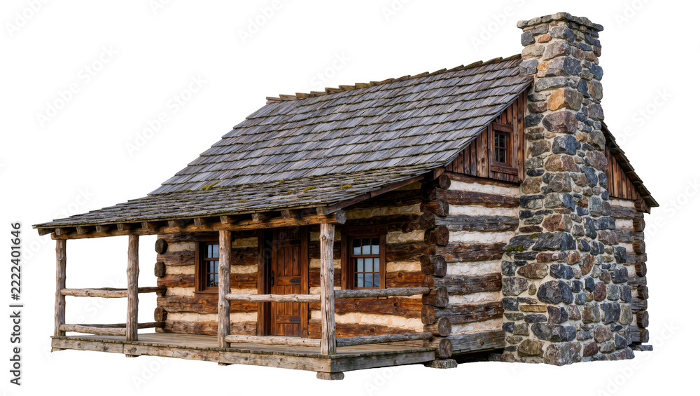 Naklejka premium Rustic log cabin with stone chimney and wooden porch, isolated on transparent background