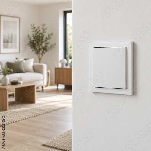Modern White Rocker Light Switch on Wall in Scandinavian Living Room Interior with Natural Daylight