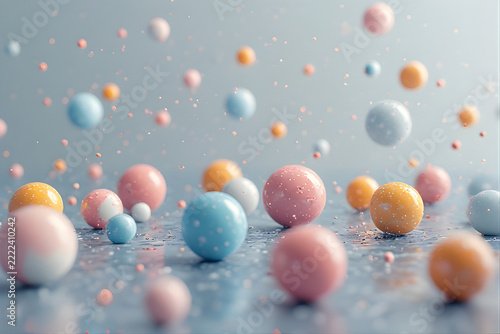 Colorful pastel spheres scattered and floating on a reflective surface with sparkling particles.