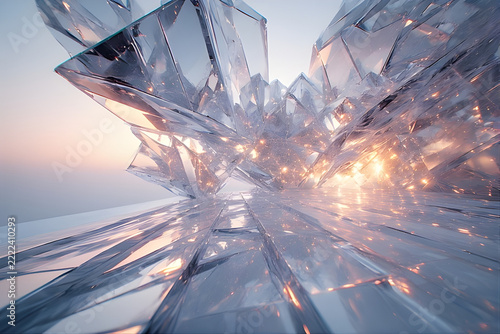 Futuristic abstract background with sharp crystal glass structures glowing in warm soft sunlight.  