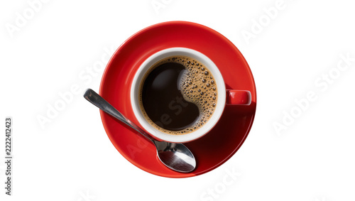 Obraz na plátně Red coffee cup with dark coffee and foam and a spoon, isolated on transparent ba
