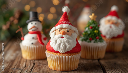 Christmas cupcakes with santa claus and snowman on wooden background
