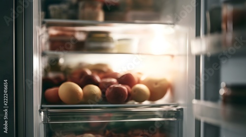 A well  ed refrigerator interior with fresh fruits and vegetables on shelves  illuminated by warm light