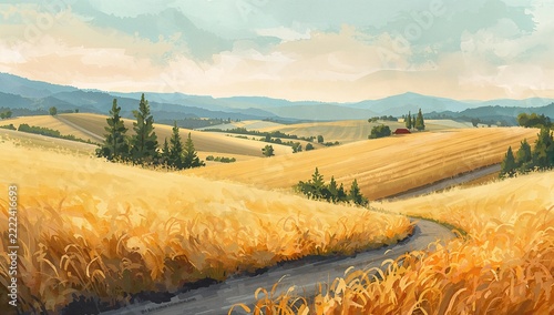 Scenic Landscape of Golden Wheat Fields and Rolling Hills Under Cloudy Sky