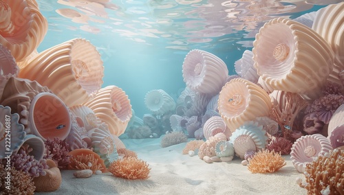 Underwater coral reef scene featuring colorful seashells and aquatic plants