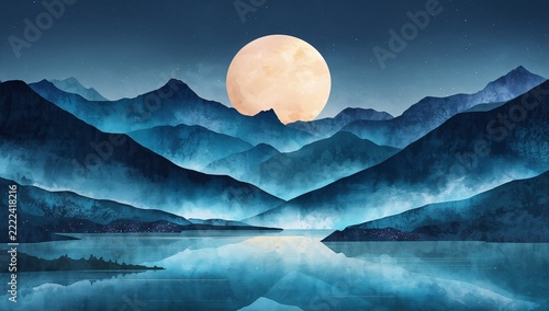 Serene Night Scene with Full Moon Over Mountain Range and Lake Reflection