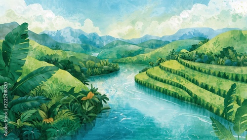 Serene Tropical River Flowing Through Lush Green Hills and Valleys