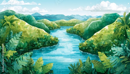 Tranquil River Flowing Through Lush Green Mountain Landscape with Forests