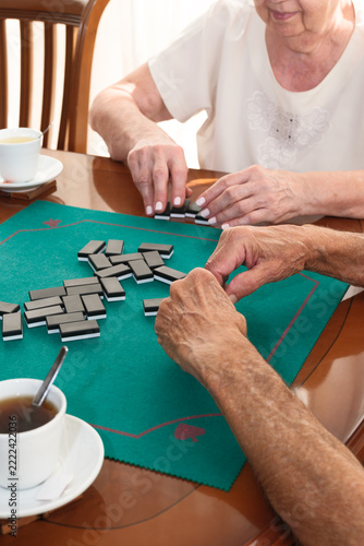 Senior couple playing dominoes enjoying leisure time