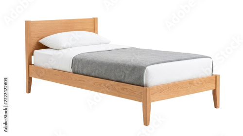 Wooden single bed with clean natural timber frame, simple headboard, neatly arranged gray blanket, and integrated white pillow for minimalist bedroom decor. Photorealistic furniture photography, front