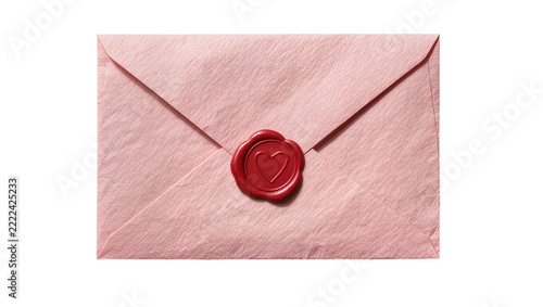 Obraz na plátně Pink textured envelope sealed with red wax heart, isolated on transparent backgr