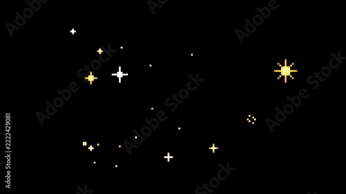8-Bit Pixel Sparkles with Pulsing Golden Stars and Colorful Glowing Particles on Transparent background. Seamless Loop Animation