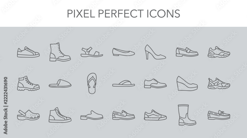 Obraz premium Minimalist footwear line icon set featuring various shoe styles for retail and web design.