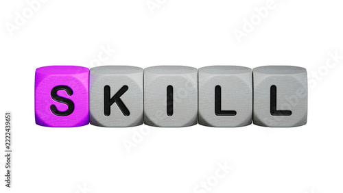 Word skill, Wooden small cubes with letters with copy space available.close up of wooden elements,Business Concept.Supports PNG files with transparent backgrounds.