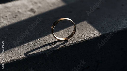 Elegant golden wedding band resting delicately upon rough concrete surface under dramatic sunlight shadows