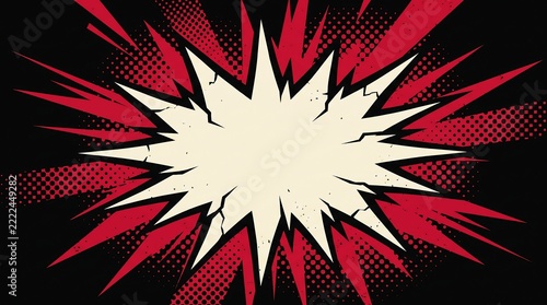 Comic book explosion speech bubble with halftone effects and stripes.