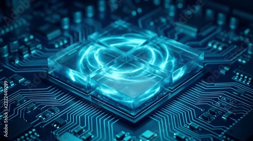 Close up of glowing blue processor on microchip with circuit board.
