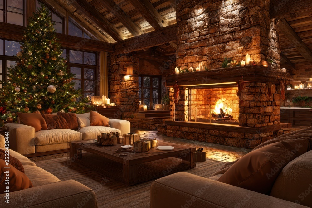 Naklejka premium Christmas living room with decorated tree, stone fireplace, glowing fire, candles, wood beams, and cozy seating in a rustic mountain lodge interior