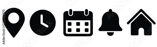 Essential UI navigation icon set with location time calendar bell and home symbols   