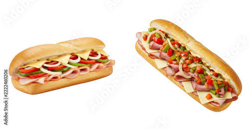 Two delicious submarine sandwiches isolated on transparent background