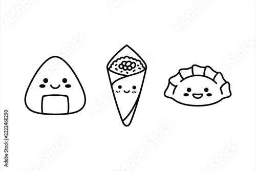 Kawaii Japanese Food Line Art Icons With Onigiri And Dumpling