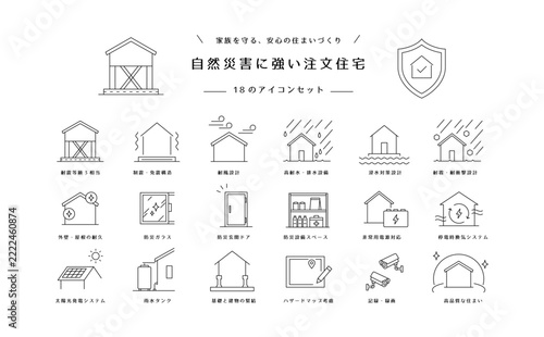 自然災害に強い注文住宅の防災設備や耐震・免震構造のマイホーム案内で使えるシンプル線画アイコンセット