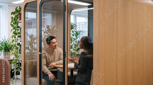 Diverse Colleagues Meeting Inside Office Soundproof Pod