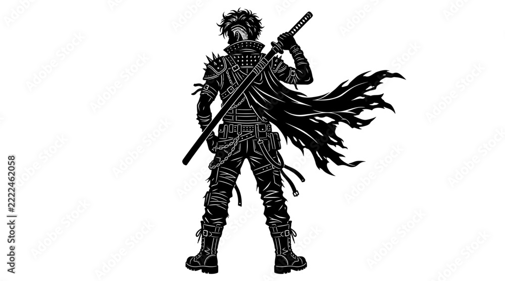 Fototapeta premium Punk Warrior with Katana and Flowing Cape Black Silhouette