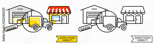 Green logistics and supply chain visibility vector concept. Flat illustration of a tracking system monitoring a delivery truck moving cargo boxes from a warehouse terminal to a retail shop