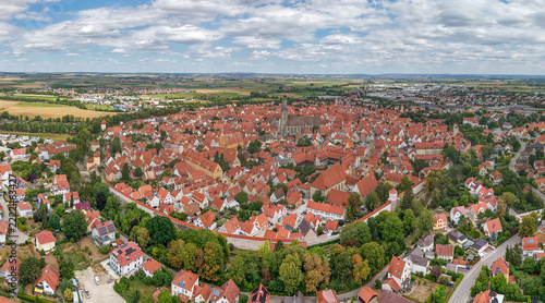 Aerial panoramic view of medieval town Nordlingen with city wall and St. George church, Bavaria, Germany
