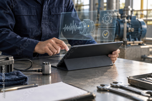Technician monitoring tablet predictive maintenance in industrial workshop