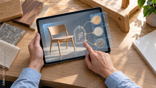 Digital tablet displaying wooden chair with material selection on design interface