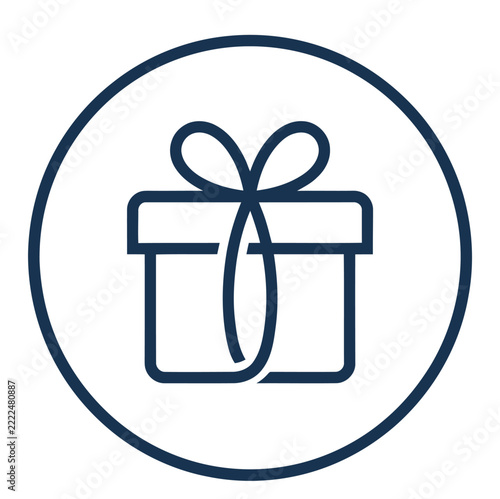 Dark blue outline icon of a square gift box with a bow, centered inside a circular frame on a white background, flat