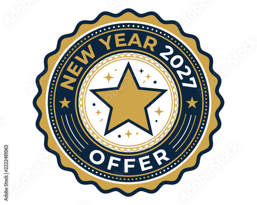 New year 2027 offer circular badge, gold and dark blue scalloped seal with a central star, decorative border, and festive