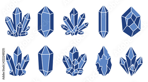 Set of blue crystal silhouettes, geometric mineral shapes and gemstone clusters with white outlines on a white background