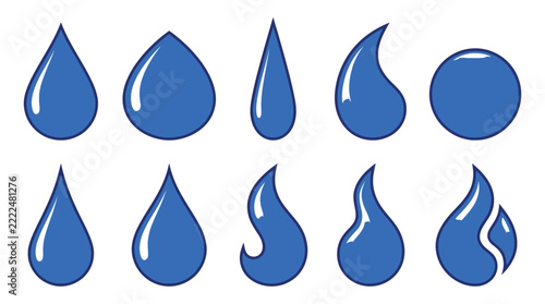 Set of ten blue water drop icons with white highlights, featuring various shapes including teardrops, circles, and stylized liquid forms